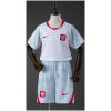 Kids Poland Home Kit 2026 front view showing white jersey with red accents and matching patterned shorts
