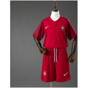 Kids Portugal Retro Home Kit 2016/17 front view featuring crimson red jersey and matching red shorts