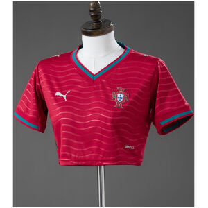 Womens Portugal Style Home Crop Top 2026 front view in crimson red with teal collar and FPF crest
