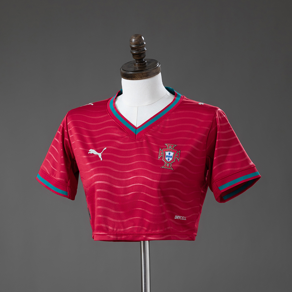 Womens Portugal Style Home Crop Top 2026 Womens Portugal Style Home Crop Top 2026 front view in crimson red with teal collar and FPF crest