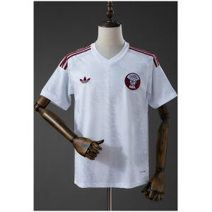 Mens Qatar Away Jersey 2026 front view in white with maroon shoulder stripes and circular QFA crest