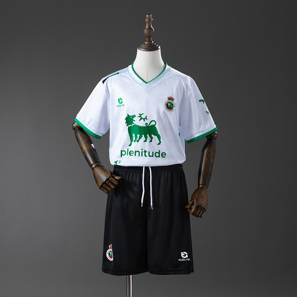 Kids Racing Santander Home Kit 2025/26 Kids Racing Santander Home Kit 2025/26 jersey and shorts set front view on mannequin