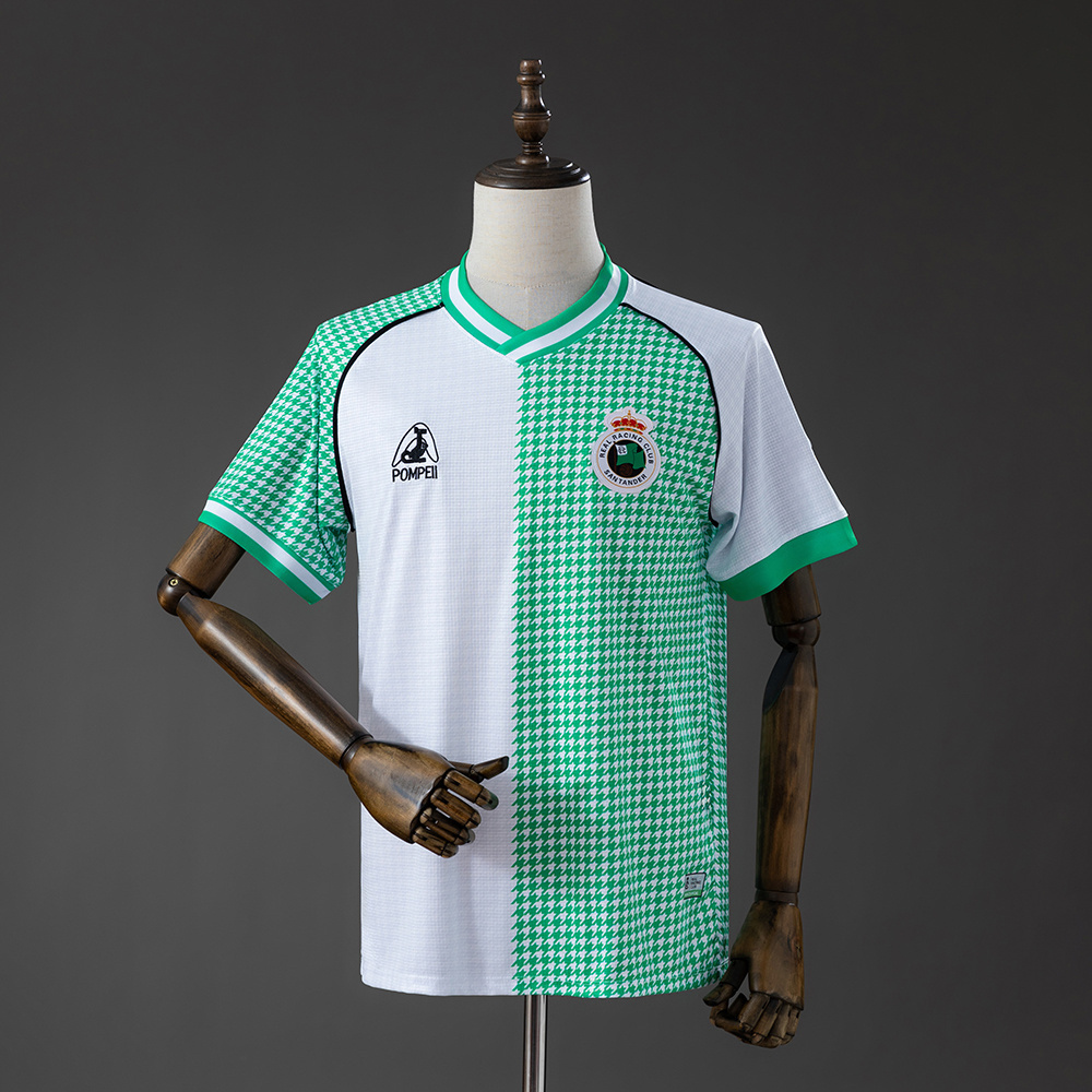 Mens Racing de Santander 113th Anniversary Jersey Mens Racing de Santander 113th Anniversary Jersey half houndstooth white shirt front view with club crest