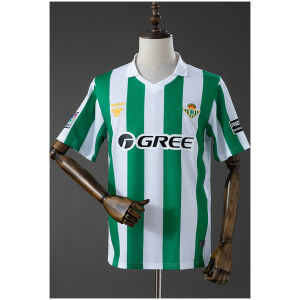 Front view of the Mens Real Betis Style Retro Jersey 2025/26 with green and white vertical stripes and white polo collar