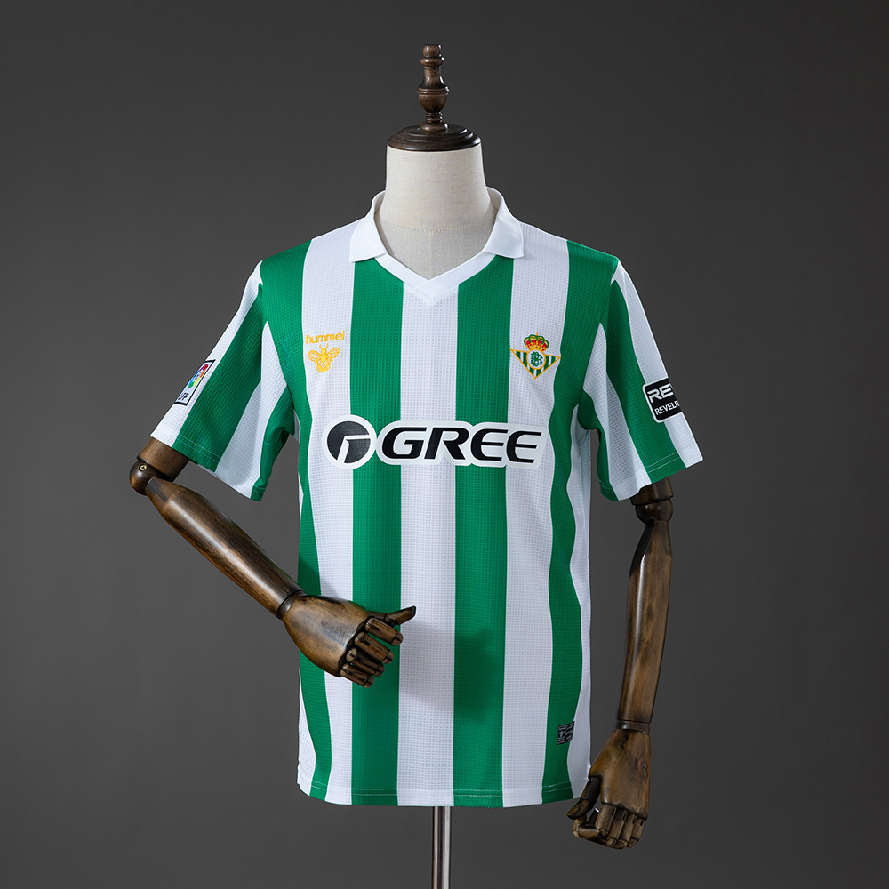 Mens Real Betis Style Retro Jersey 2025/26 Front view of the Mens Real Betis Style Retro Jersey 2025/26 with green and white vertical stripes and white polo collar