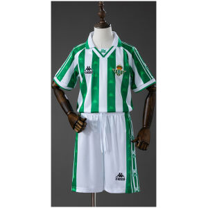 Kids Real Betis Retro Home Kit 1995/97 front view showing verdiblanco striped shirt and white shorts