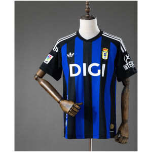 Mens Real Oviedo Style Retro Jersey 2025/26 front view showing blue and black stripes with DIGI sponsor