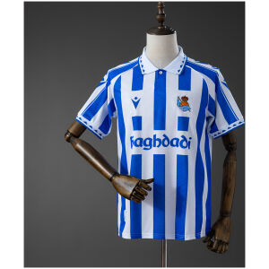 Mens Real Sociedad Style Retro Jersey 2025/26 Front view of Mens Real Sociedad Style Retro Jersey 2025/26 with blue and white stripes and polo collar