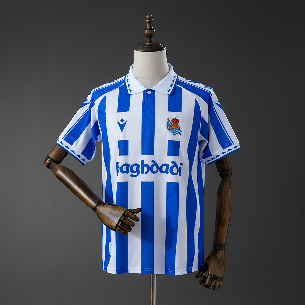 Mens Real Sociedad Style Retro Jersey 2025/26 Front view of Mens Real Sociedad Style Retro Jersey 2025/26 with blue and white stripes and polo collar