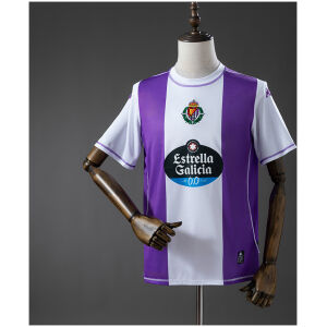 Real Valladolid white and purple jersey with Estrella Galicia sponsor front view