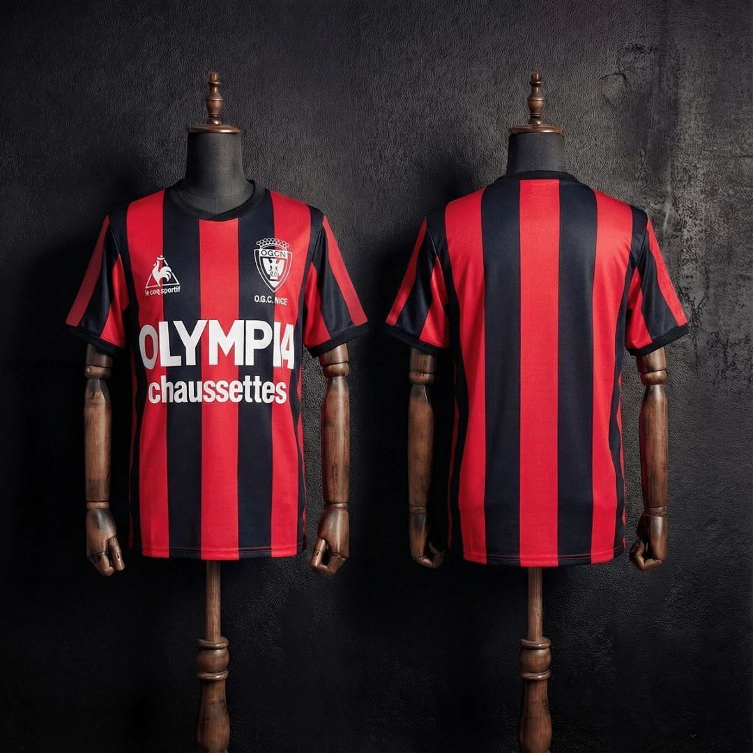 Mens OGC Nice Retro Home Jersey 1977/78 Mens OGC Nice Retro Home Jersey 1977/78 front view on mannequin