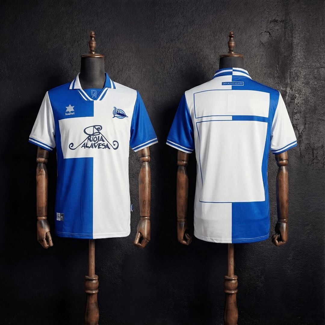 Mens Deportivo Alaves Retro Home Jersey 2000/01 Mens Deportivo Alaves Retro Home Jersey 2000/01 front view on mannequin