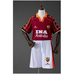 Kids Roma Retro Home Kit 1998/99 front view showing burgundy jersey with orange trim and white shorts