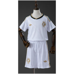 Kids Saudi Arabia Away Kit 2026 front view showing white jersey with gold accents and matching shorts