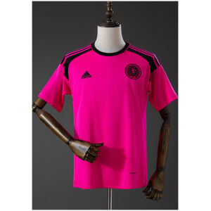 Mens Scotland The Tartan Army Retro Away Jersey 2016 shock pink shirt front view with black collar and crest