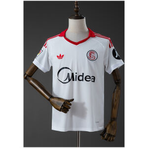 Front view of the Mens Sevilla Style Retro Jersey 2025/26 with red spread collar and vintage crest