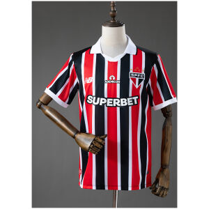 Mens Sao Paulo Away Jersey 2026/27 front view with red, black, and white tricolor stripes and SPFC crest