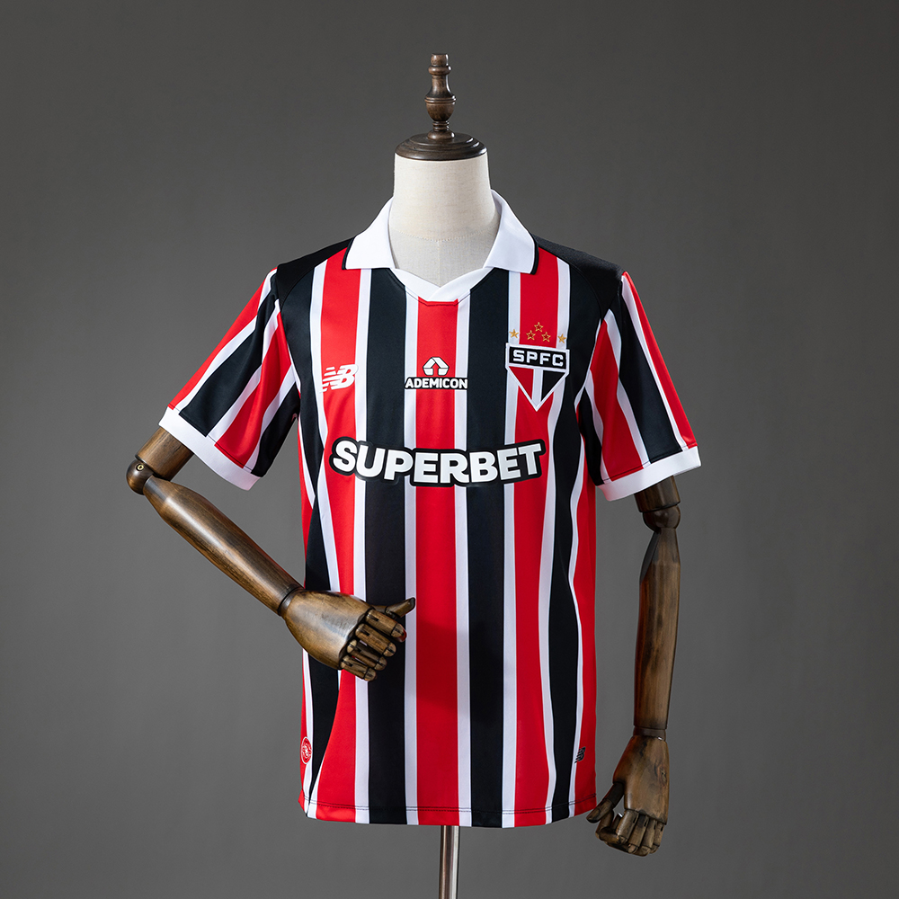 Mens Sao Paulo Away Jersey 2026/27 Mens Sao Paulo Away Jersey 2026/27 front view with red, black, and white tricolor stripes and SPFC crest
