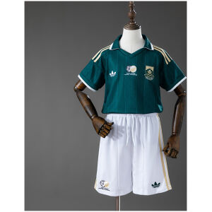 Kids South Africa Away Kit 2026 front view with emerald green polo jersey and white shorts on mannequin