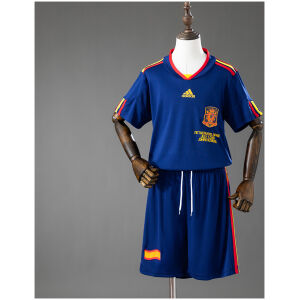 Kids Spain Retro Away Kit 2010 front view in navy blue with World Cup Final embroidery and shorts