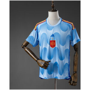 Mens Spain Retro Away Jersey 2022 front view in sky blue with wave graphics and centered crest