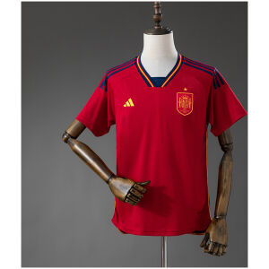 Mens Spain Retro Home Jersey 2022 front view in red with navy shoulder stripes and yellow crest