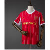 Front view of the Mens Sporting de Gijon Style Retro Jersey 2025/26 featuring red fabric, white pinstripes, gold SIROKO sponsor, and crest on a mannequin.