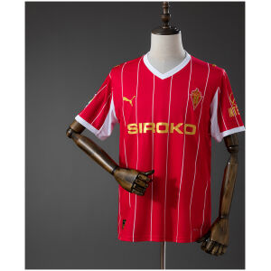 Mens Sporting de Gijon Style Retro Jersey 2025/26 Front view of the Mens Sporting de Gijon Style Retro Jersey 2025/26 featuring red fabric, white pinstripes, gold SIROKO sponsor, and crest on a mannequin.