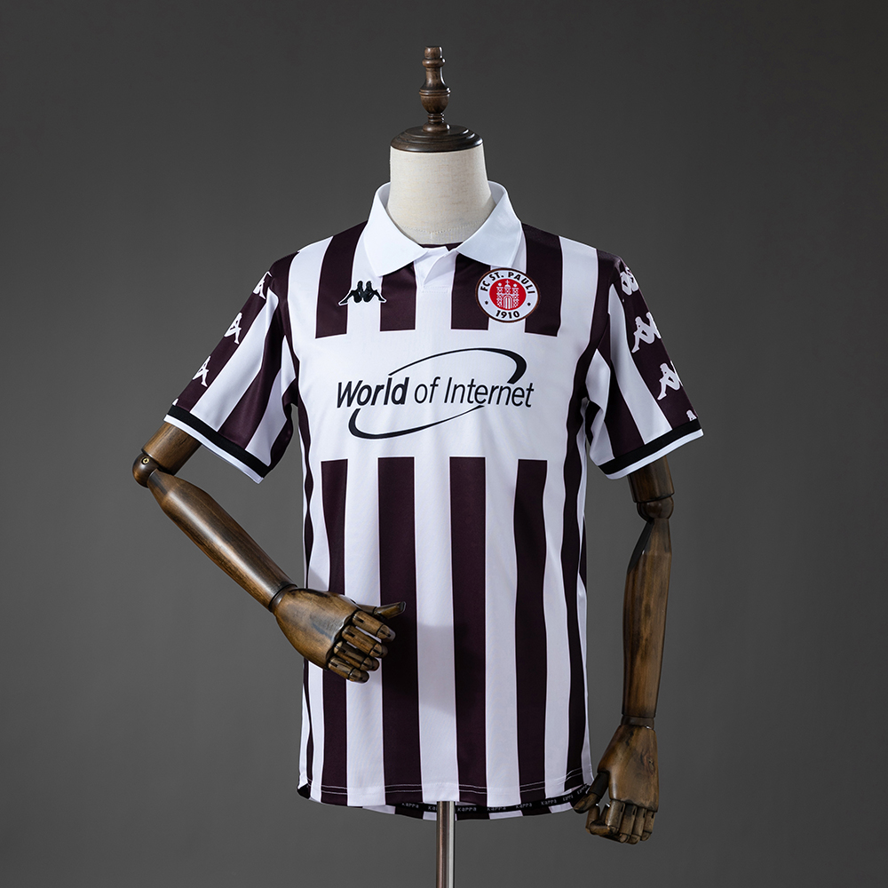 Mens St. Pauli Retro Home Jersey 2000/01 Mens St. Pauli Retro Home Jersey 2000/01 front view in brown and white stripes with World of Internet sponsor