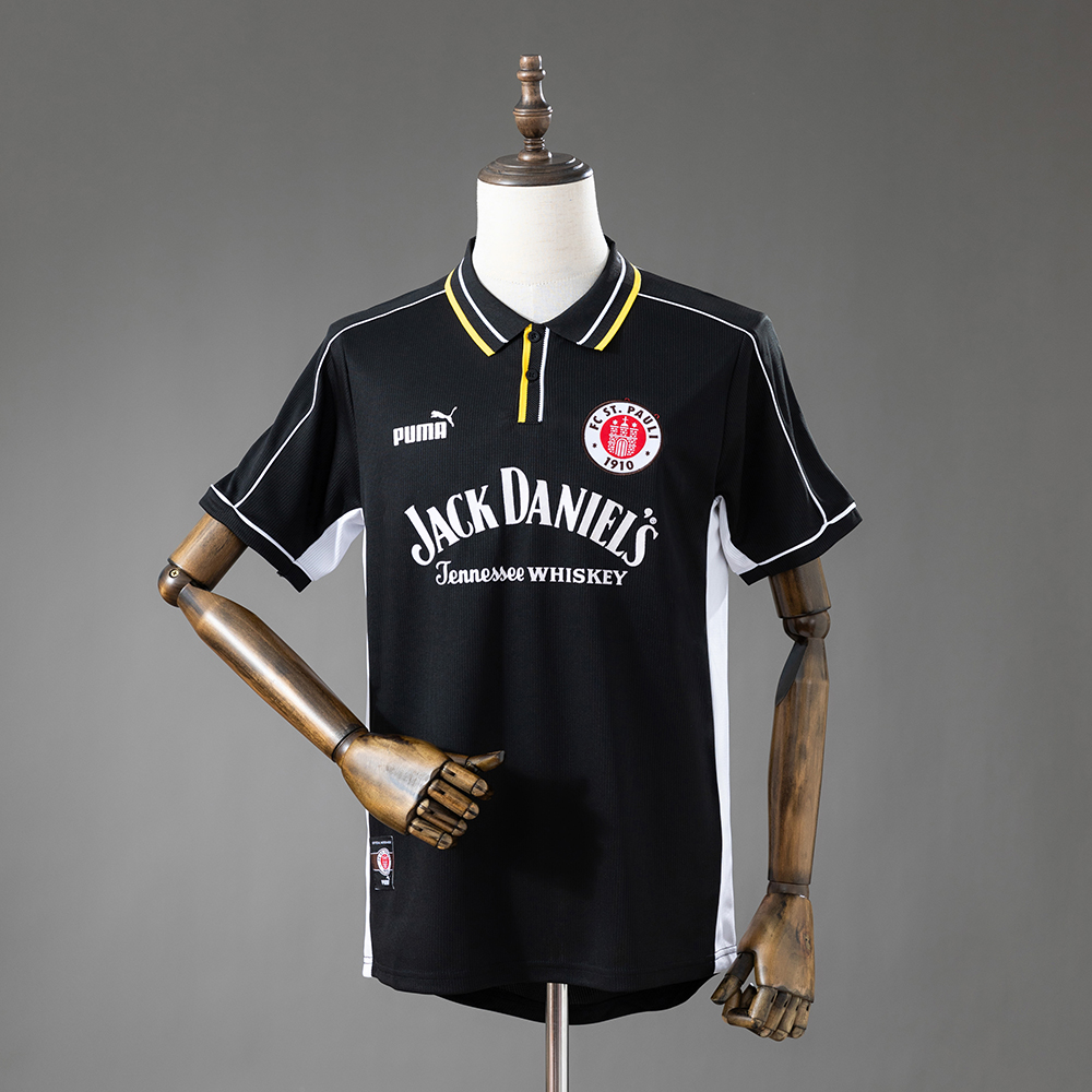 Mens St. Pauli Retro Away Jersey 1999/00 Mens St. Pauli Retro Away Jersey 1999/00 front view in black with Jack Daniel's sponsor and polo collar