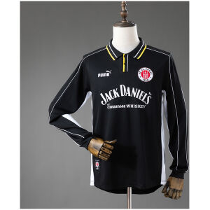 Mens St. Pauli Retro Long Sleeve Away Jersey 1999/00 Mens St. Pauli Retro Long Sleeve Away Jersey 1999/00 front view in black with white piping and Jack Daniels sponsor