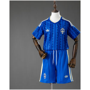 Kids Sweden Away Kit 2026 Kids Sweden Away Kit 2026 front view in royal blue with wavy patterns and matching shorts