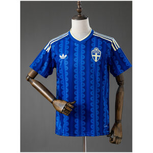 Mens Sweden Away Jersey 2026/27 front view in azure blue with wavy pattern and yellow shoulder stripes