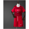 Front view of the Kids Turkey Away Kit 2026 showing crimson jersey with Ay-Yıldız flag emblem, marble graphics, and matching red shorts on a mannequin.