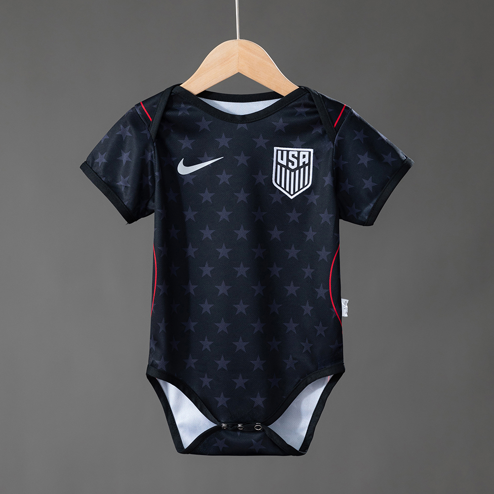 Baby USA Away Jersey 2026 Baby USA Away Jersey 2026 front view baby bodysuit in navy with all-over star pattern and USA crest