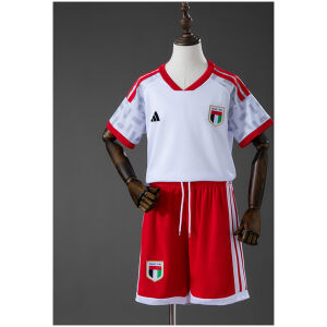 Kids United Arab Emirates Home Kit 2026 front view showing white jersey with red trim and red shorts