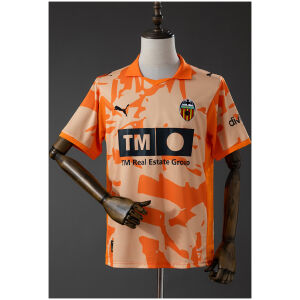 Mens Valencia Style Retro Jersey 2025/26 orange camo shirt front view with polo collar and Valencia crest