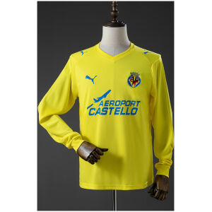 Front view of the Mens Villarreal CF Retro Long Sleeve Home Jersey 2008/09 in canary yellow with Aeroport Castello sponsor