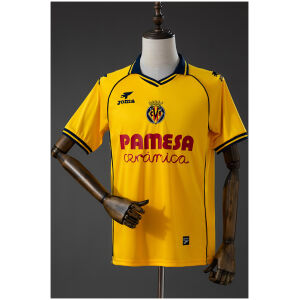 Mens Villarreal Style Retro Jersey 2025/26 Front view of the Mens Villarreal Style Retro Jersey 2025/26 in yellow with navy blue collar, Villarreal crest, and Pamesa sponsor on a mannequin.