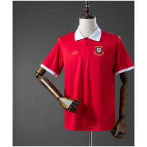 Front view of the Mens Wales 150th Anniversary Jersey in red with white polo collar and gold dragon crest