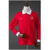 Front view of the Mens Wales 150th Long Sleeve Anniversary Jersey in red with white polo collar and long sleeves