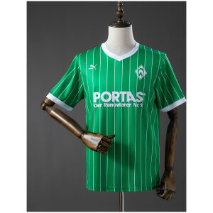 Front view of the Mens Werder Bremen Retro Home Jersey 1988 in green with white pinstripes and PORTAS sponsor