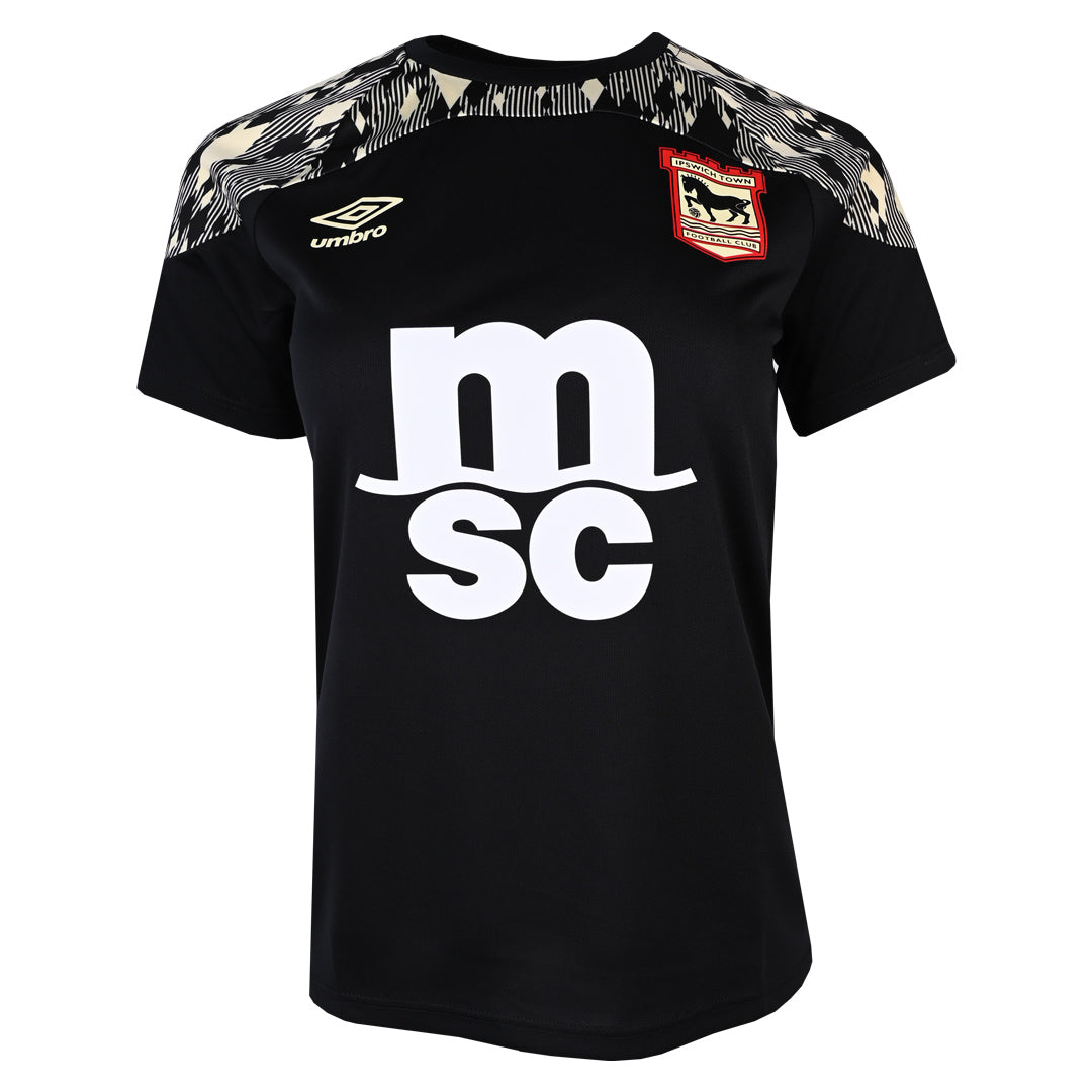 Womens Ipswich Town Away Pre-Match Jersey 2026/27 Womens Ipswich Town away pre-match jersey front view with black shoulder print