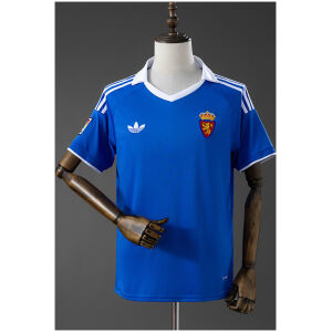 Front view of the Mens Zaragoza Style Retro Jersey 2025/26 in royal blue featuring white polo collar and Trefoil logo