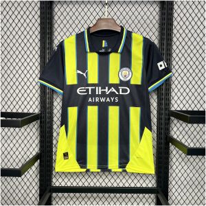 Mens Manchester City Away Jersey 2024/25 on hanger showing navy and neon yellow vertical stripes with white sponsor