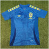 Mens Brazil Blue Jesus Jersey 2025 flat view showing royal blue body with Christ statue and yellow stripes