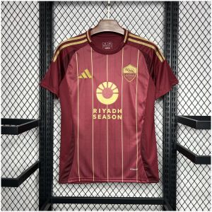 Mens AS Roma Home Jersey 2024/25 on hanger showing carmine red body with gold vertical pinstripes