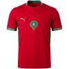 Front view of the Mens World Cup Morocco Home Jersey 2026 in crimson red with green zellij patterned trim