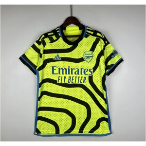 Mens Arsenal Away Jersey 2023/24 on hanger showing shock yellow body with black topographic map lines and blue trim