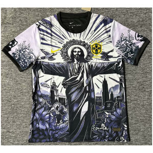 Mens Brazil Black White Jesus Edition Jersey 2025 flat view showing black and white Christ graphic with yellow CBF crest